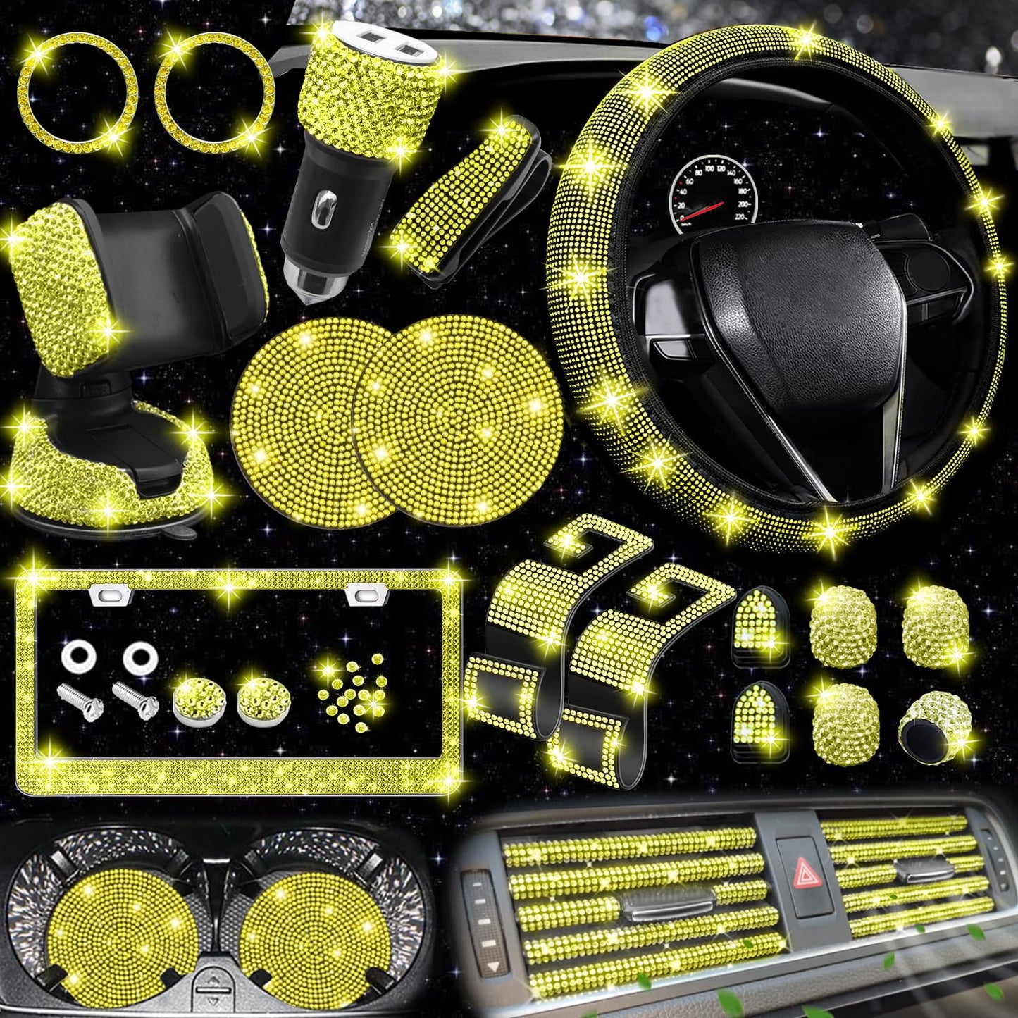 NBTEPEM 27-Piece Bling Car Accessories Set - Universal Fit Steering Wheel Covers, License Plate Frames, Phone Holder, Car Fast Charger, Coasters (Pink)