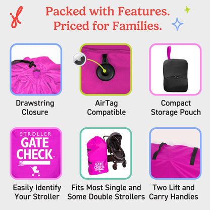 J.L. Childress Gate Check Bag for Single & Some Double Strollers - Travel Bag for Airplane, Fits Most Standard Baby Strollers, Airport Accessories Gate Check, Flying Essentials - Neon Blue