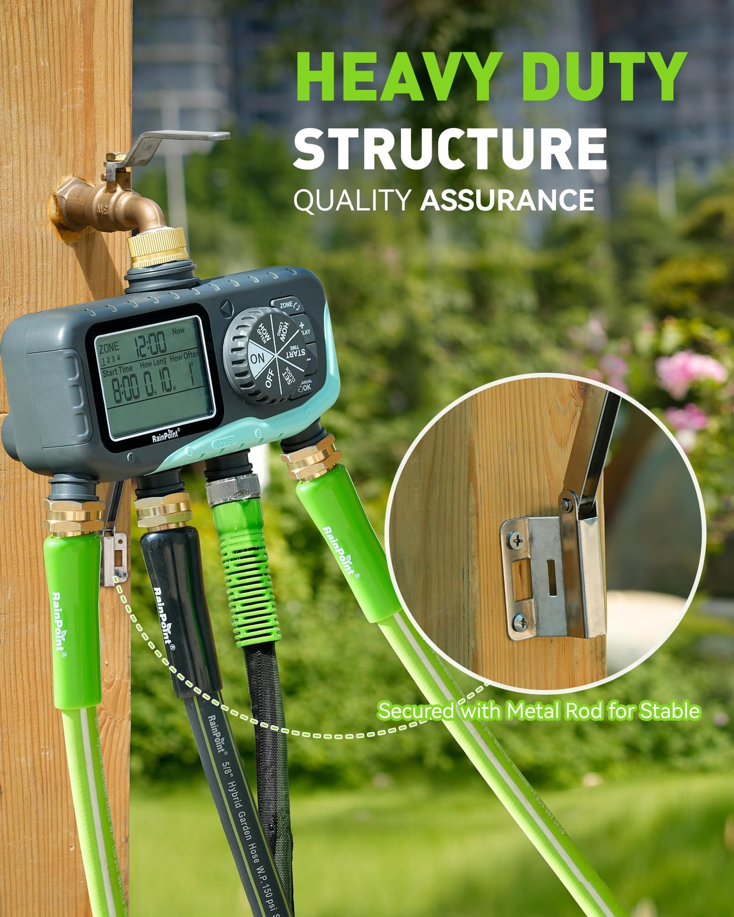 RAINPOINT 4-Zone Sprinkler Timer, 2027 New Version 4 Outlets Hose Water Timer, Automatic Irrigation Controller with Rain Delay & Manual Mode for Lawn & Garden Irrigation