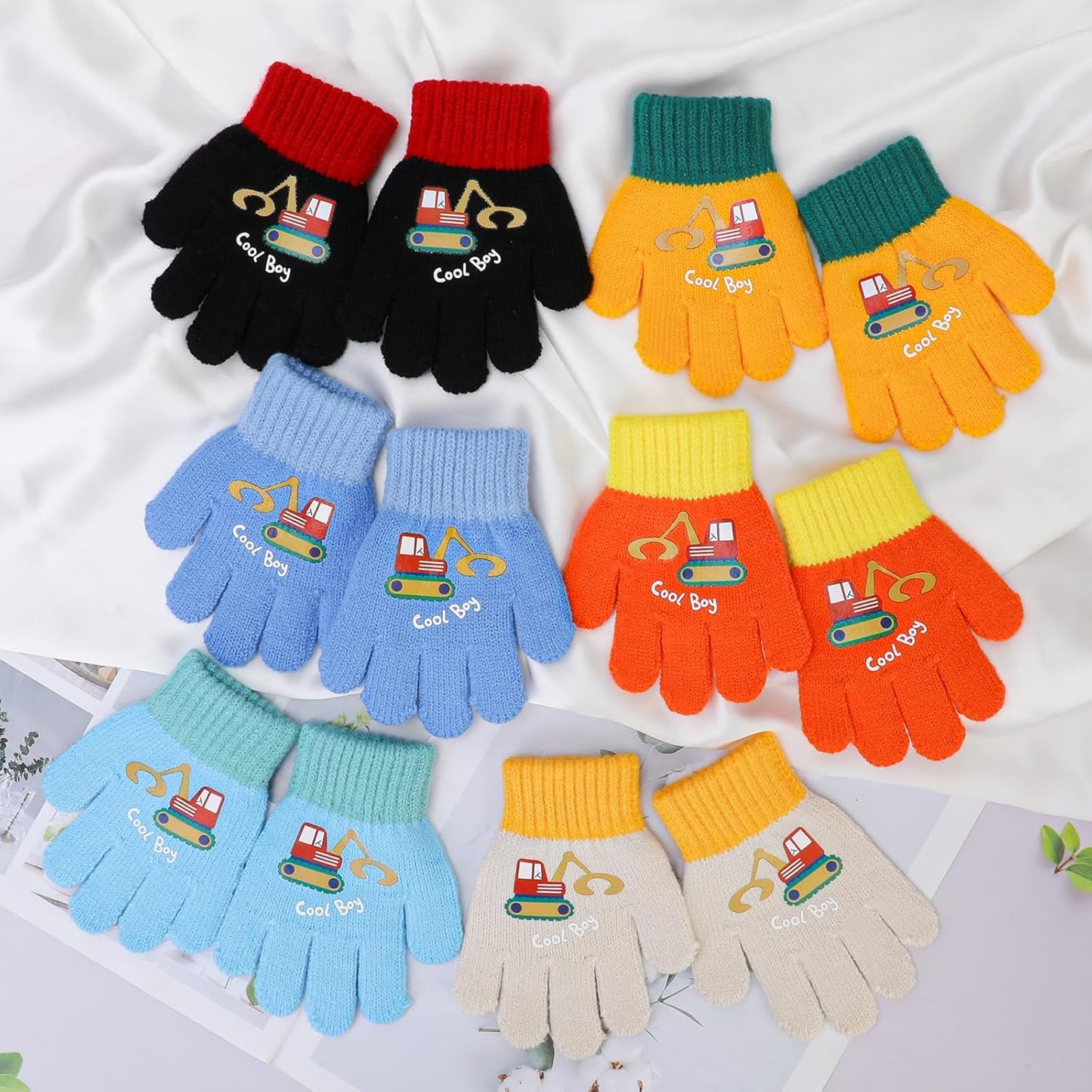 6 Paar Kleinkind Strickhandschuhe, Kinder Winter Kälteschutzhandschuhe Unisex Full Finger Stretchhandschuhe mit Bagger-Muster (Regenbogen)