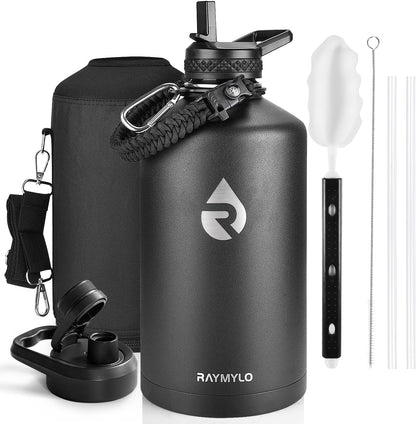 RAYMYLO One Gallon Water Bottle Insulated, Triple Walled Vacuum Stainless Steel (Cold for 48 Hrs), Leak Proof & Non-BPA, Large Water Flask Jug with Paracord Handle & Straw Spout Lids