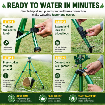 Sprinklers for Yard, Up to 50% Larger Watering Coverage, 2026 Heavy-Duty Impact Lawn Sprinkler on Spike Tripod Base with 360° Large Area Irrigation, Adjustable Extension Legs for Garden Lawn, Green