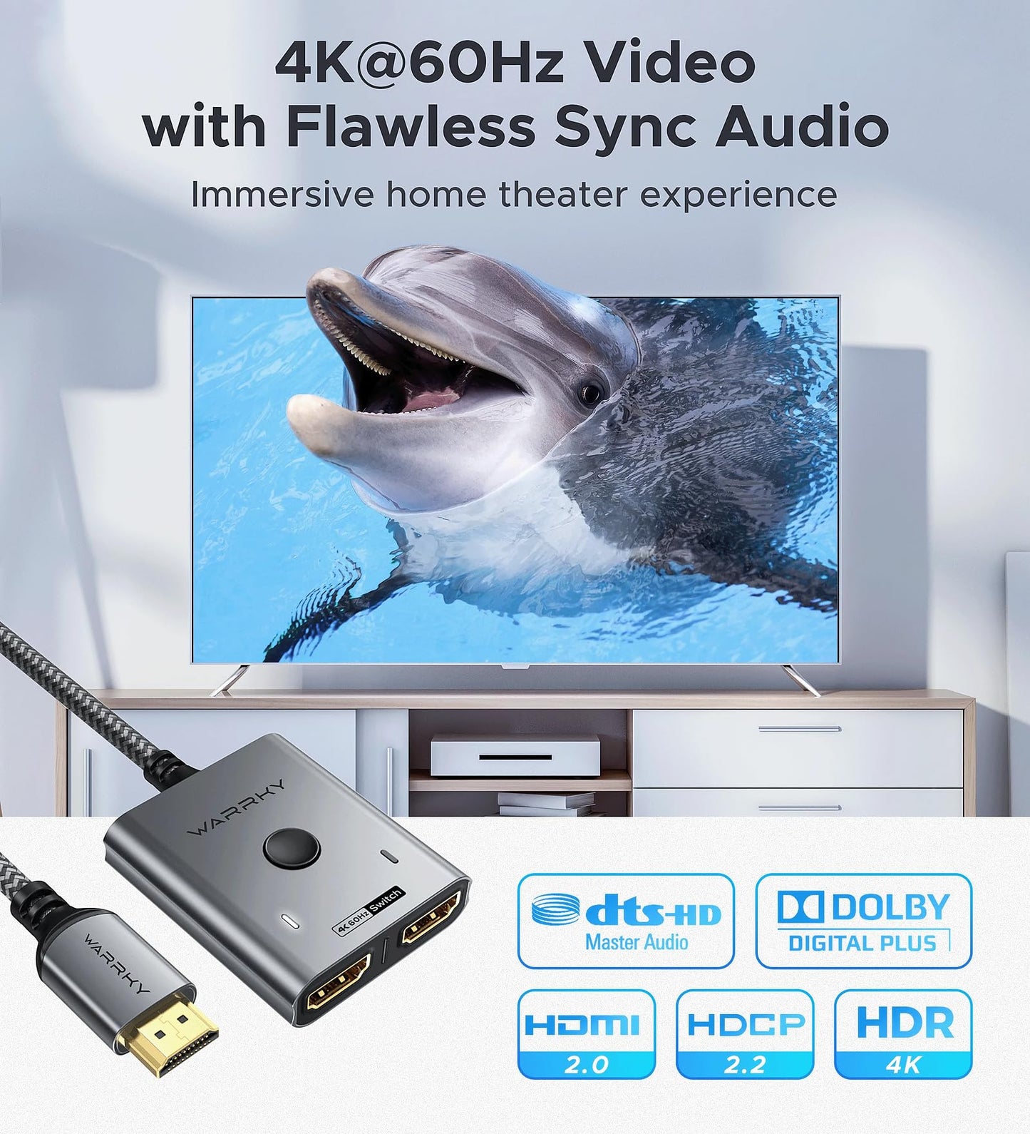 HDMI-Umschalter 2 Eingänge 1 Ausgang 4K@60Hz, WARRKY [mit 1m festem geflochtenen HDMI-Kabel, Aluminiumgehäuse, 2K@144Hz, HDCP 2.2] Bidirektionaler 2x1 Switcher Splitter kompatibel mit PS5/4, Xbox, Roku, FireStick, Switch