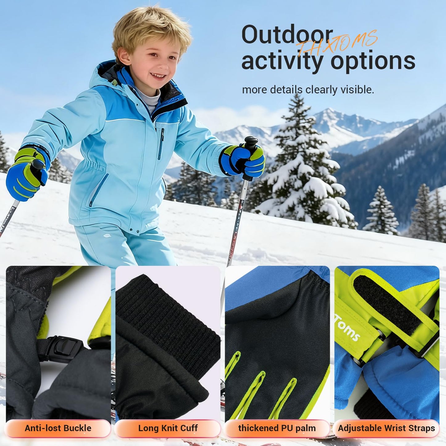 ThxToms Kinder Winterhandschuhe Wasserdichte Ski-Snowboardhandschuhe für Outdoor-Sportarten, Jungen und Mädchen Kaltwetter-Fahrradhandschuhe