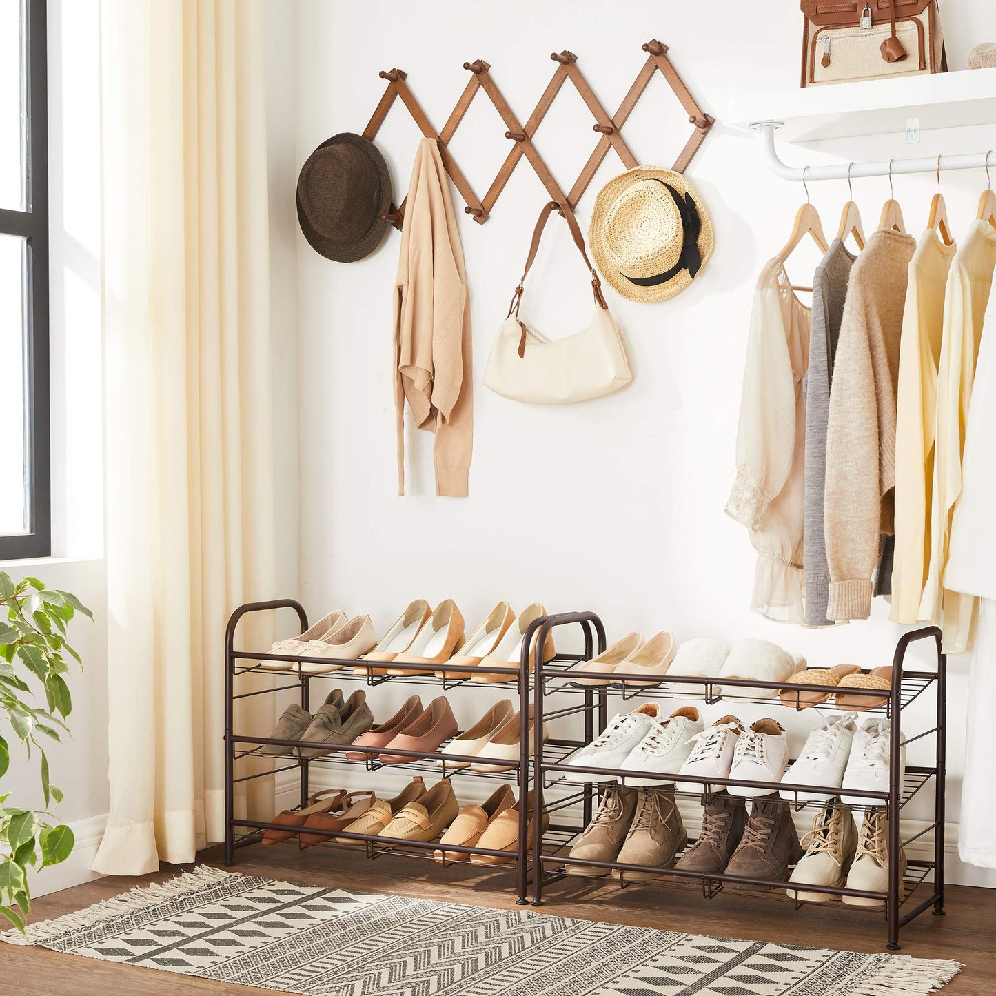 SONGMICS Stackable Shoe Rack, 4 Tier Metal Shoes Rack Storage Shelf, Holds up to 16 Pairs Shoes, Adjustable Slanted Shelves Tower Organizer for Closet Entryway Small Spaces, Bronze