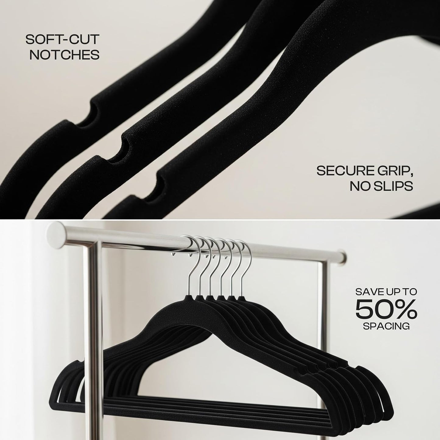 Utopia Home Samtbügel 50er-Pack, strapazierfähig, rutschfest, platzsparend, Filzkleiderbügel mit 360°-Haken & Kerben (Schwarz)