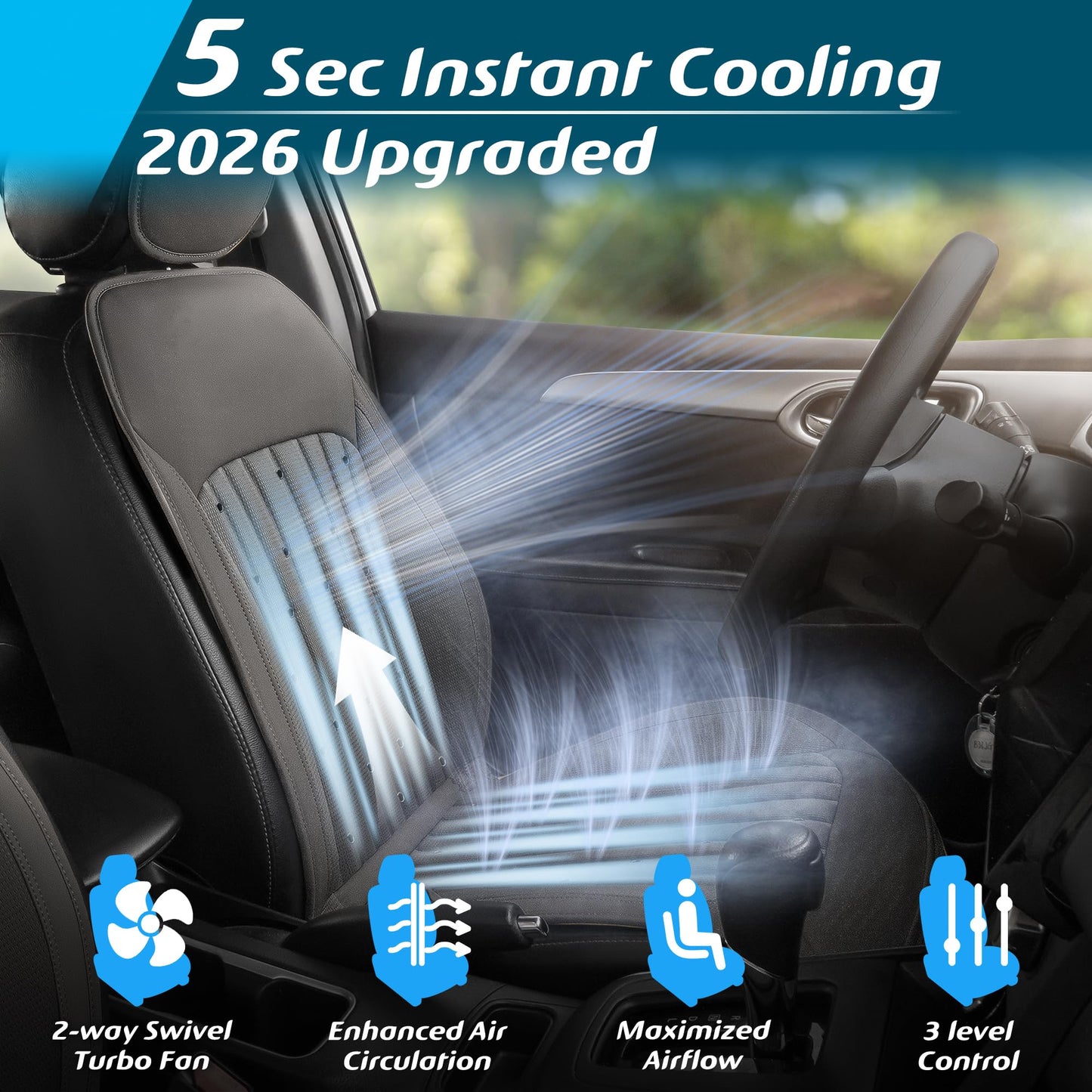 Paffenery 2026 Upgraded Cooling Car Seat Cover Front Seat, 12V-24V Ventilated Cooling Car Seat Cushion, Cooled Seat Cover for Car SUV Truck Universal Fit, Classic Black