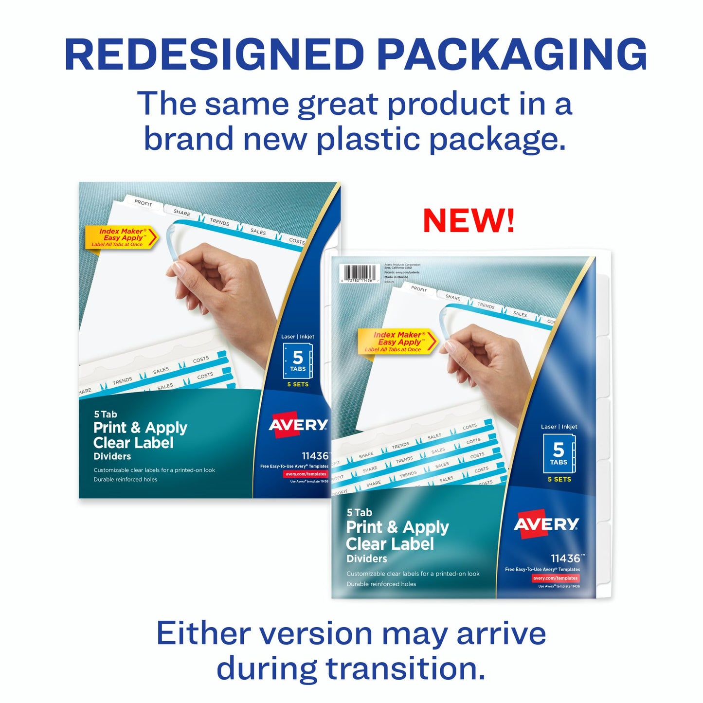 Avery 5 Tab Dividers for 3 Ring Binder, Easy Print & Apply Clear Label Strip, Index Maker Customizable White Tabs, 50 Sets (11556)