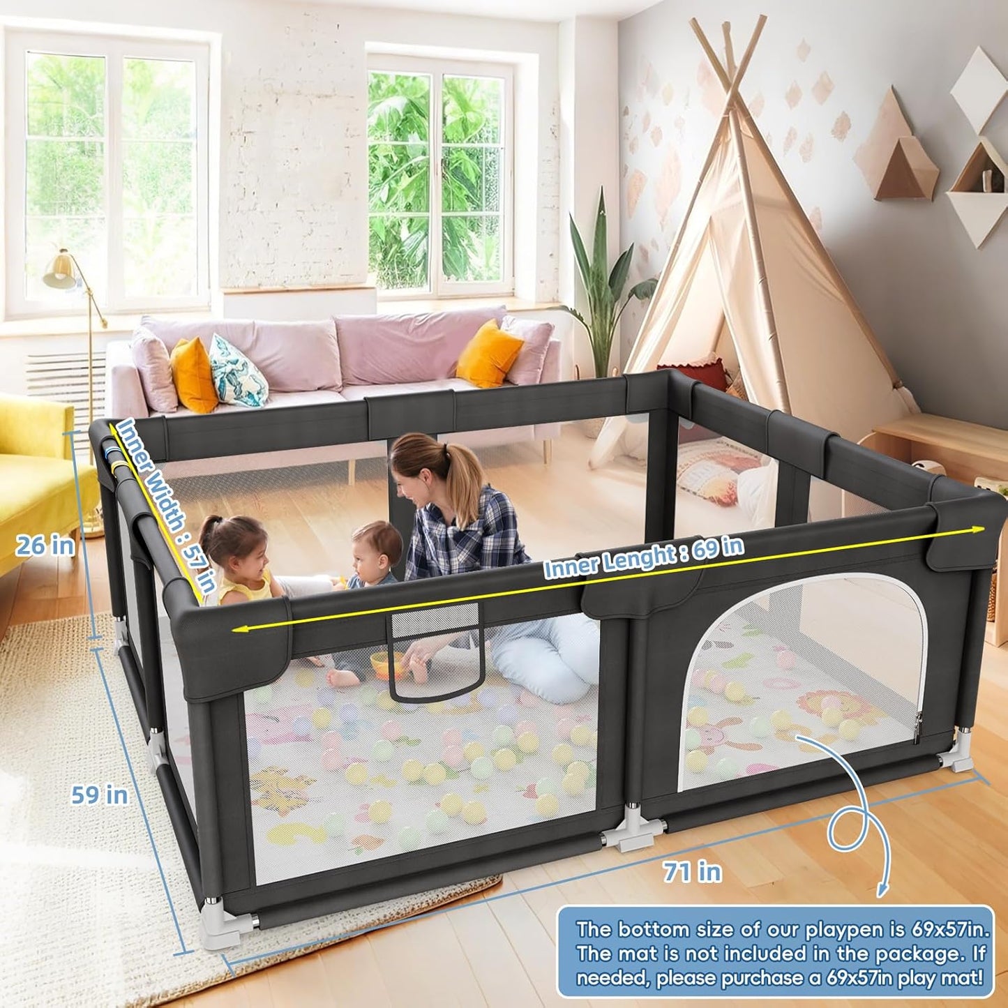 Palopalo Baby Laufgitter, 180x150cm Extra Großer Laufstall für Babys und Kleinkinder, Baby-Aktivitätszentrum mit 8 Saugnapfbasen, Baby-Laufstall mit Tür und weichem, atmungsaktivem Netz, Ohne Matte
