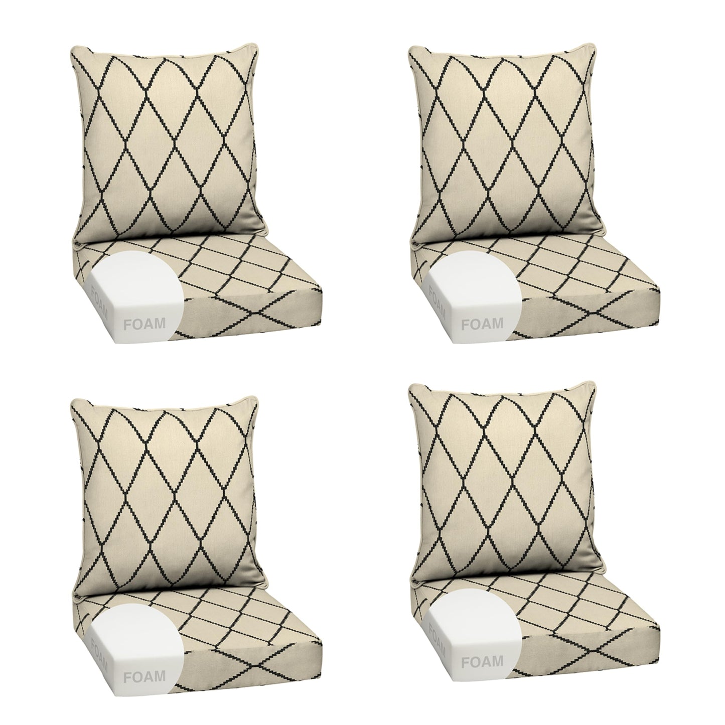 Arden Outdoor Foam Deep Seat Cushions Set, 24x24, Premium High-Density Foam, Never Flattens, Weather-Proof for Patio Chair Sofa Couch, Blue Shibori Stripe