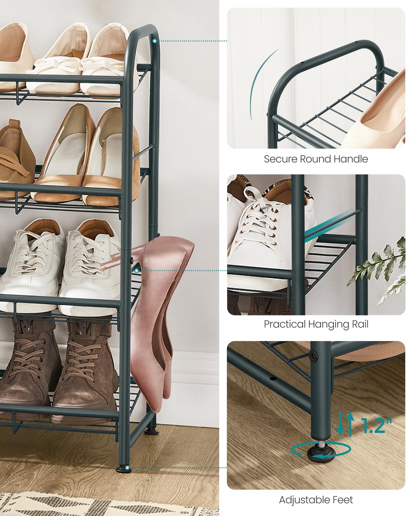 SONGMICS Stackable Shoe Rack, 4 Tier Metal Shoes Rack Storage Shelf, Holds up to 16 Pairs Shoes, Adjustable Slanted Shelves Tower Organizer for Closet Entryway Small Spaces, Bronze