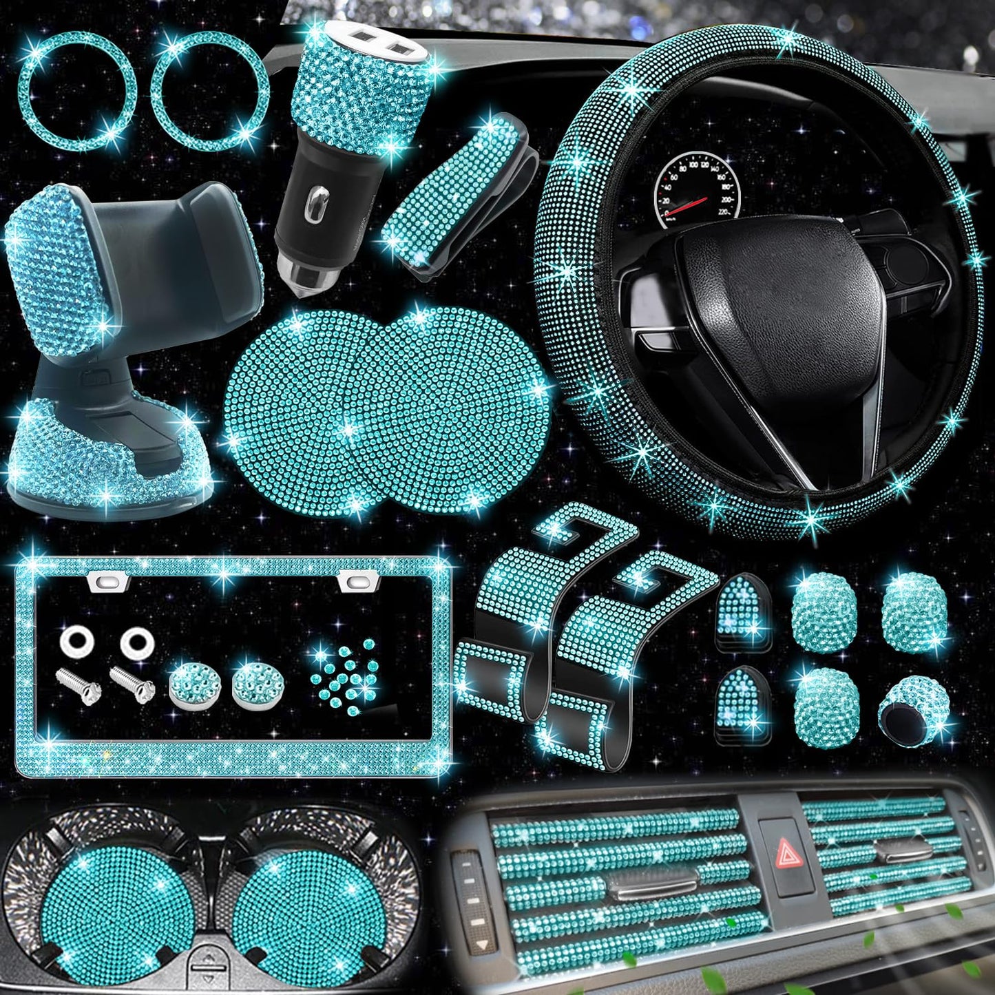 NBTEPEM 27-Piece Bling Car Accessories Set - Universal Fit Steering Wheel Covers, License Plate Frames, Phone Holder, Car Fast Charger, Coasters (Pink)