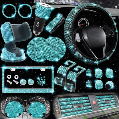 NBTEPEM 27-Piece Bling Car Accessories Set - Universal Fit Steering Wheel Covers, License Plate Frames, Phone Holder, Car Fast Charger, Coasters (Pink)