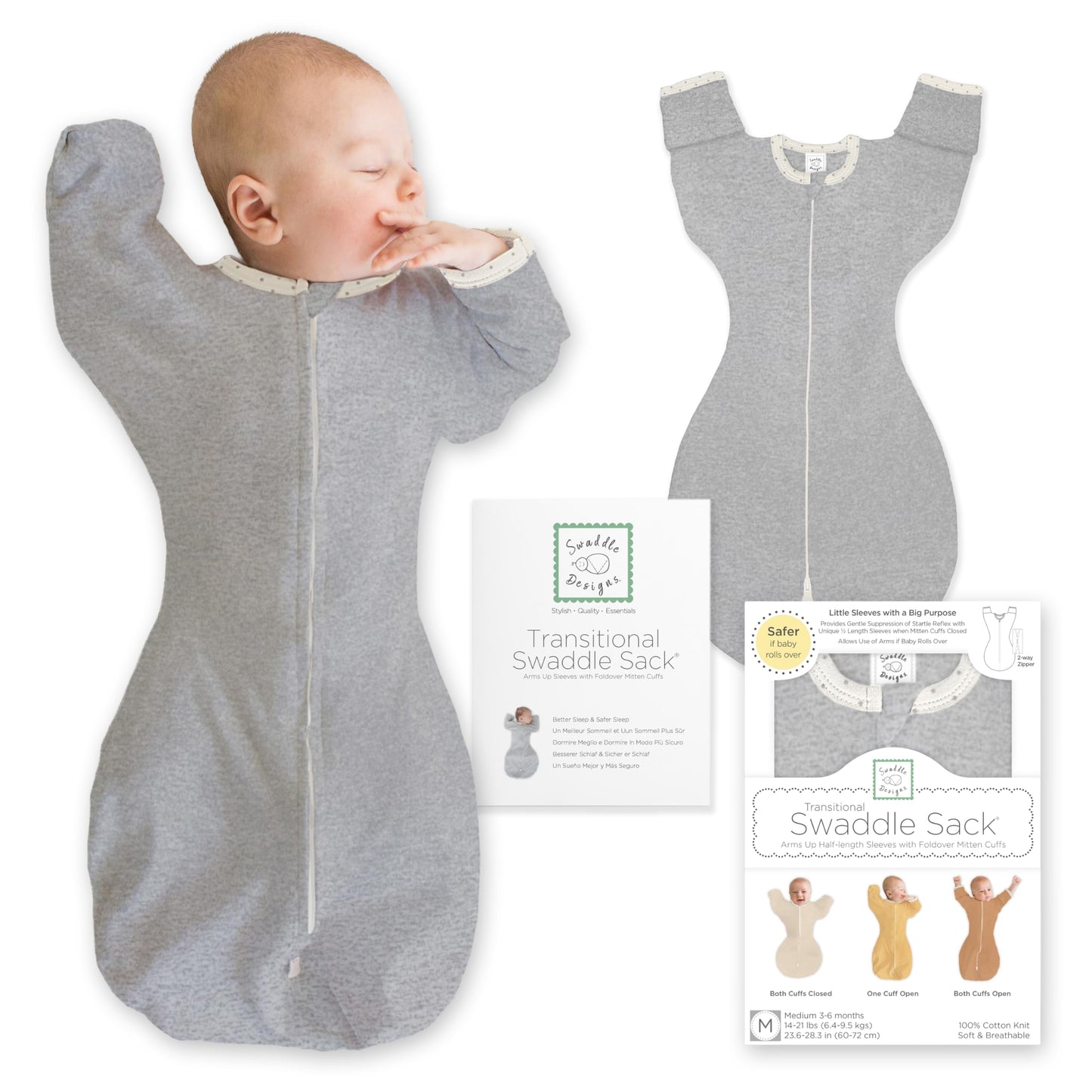 SwaddleDesigns Swaddle Sack with Arms Up Half-Length Sleeves and Mitten Cuffs,