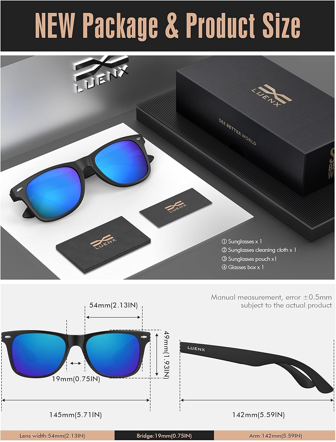 LUENX Polarisierte Sonnenbrillen für Herren und Damen, quadratische Fassung – UV-400-Schutz, 54 mm