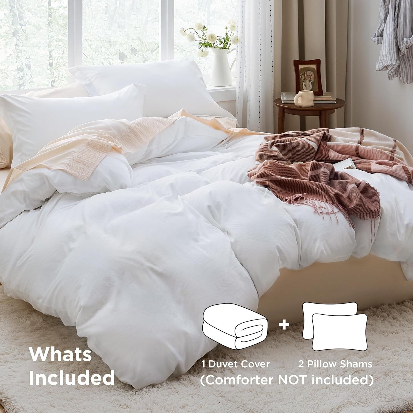 Funda nórdica blanca Bedsure, tamaño Queen, 3 piezas, aspecto de algodón prelavado, juego de cama extrasuave, incluye 1 funda nórdica de 228 x 228 cm con cierre de cremallera y 2 fundas de almohada, edredón no incluido