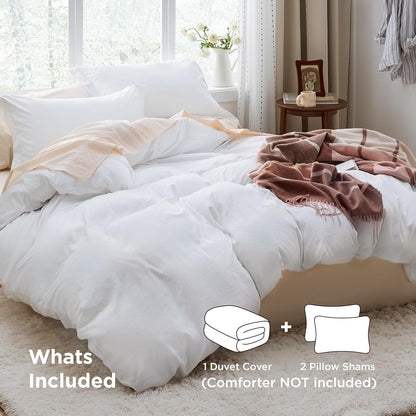 Funda nórdica blanca Bedsure, tamaño Queen, 3 piezas, aspecto de algodón prelavado, juego de cama extrasuave, incluye 1 funda nórdica de 228 x 228 cm con cierre de cremallera y 2 fundas de almohada, edredón no incluido