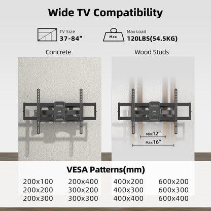 Full Motion TV Wall Mount for Most 37"-84" Flat Screen TV, Swivel or Tilt TV Wall Bracket with Dual Articulating Arms, for 12"-16" Wood Studs, Max VESA 600x400mm, Load 120 lbs by USX MOUNT