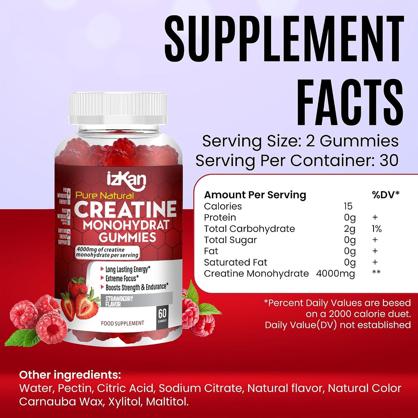 Pro Creatine Monohydrate Gummies 4000mg for Men & Women - 60 Chewable Creatine Gummies Strawberry Flavoured Creatine | Pre Workout Gym Supplement| Keto | Vegan | (3)