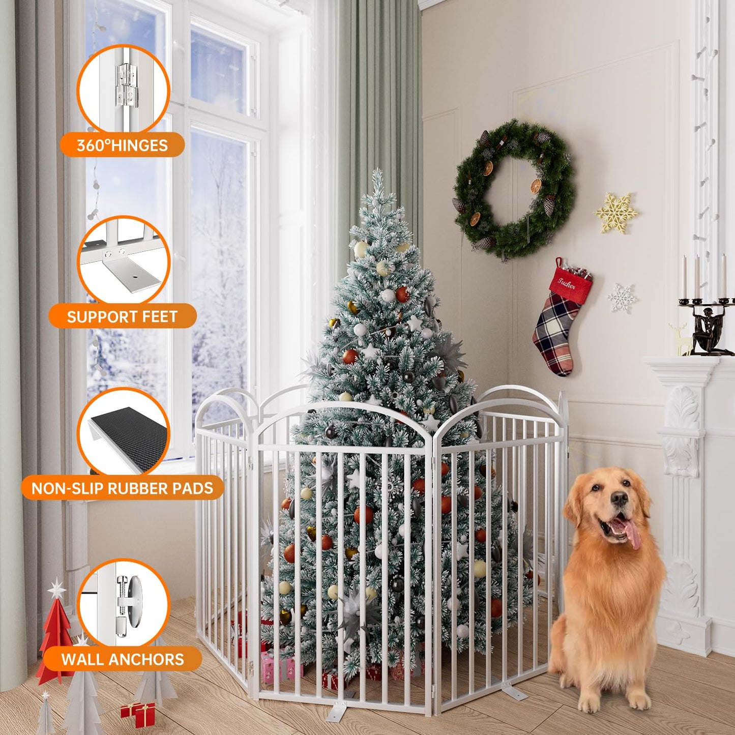 SNUOWU 4 Panels Full Matel Freestanding Dog Gates with Door, 96"Extra Wide 36"Tall Free Standing Dog Pet Gate for Indoor & Outdoor. Foldable Pet Fences for Doorways, House, Stairs, Porch, Deck, Yard