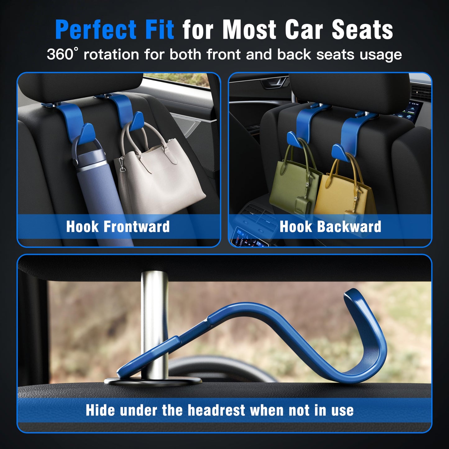 Amooca 4-Pack Car Headrest Hooks Vehicle Storage Organizer for Purses Handbags Groceries Backpack Coats –Holds 55lbs 360° Rotating Black