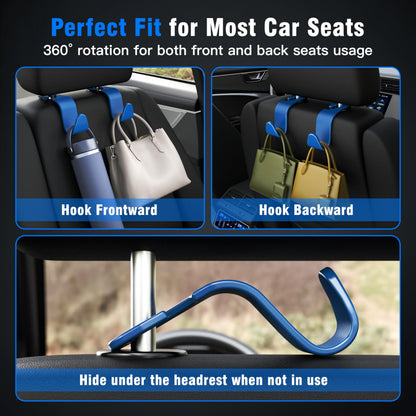 Amooca 4-Pack Car Headrest Hooks Vehicle Storage Organizer for Purses Handbags Groceries Backpack Coats –Holds 55lbs 360° Rotating Black