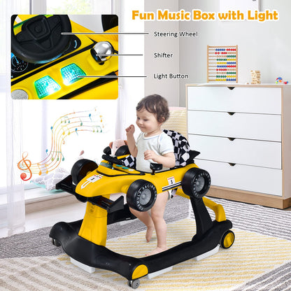 HONEY JOY 4-in-1 Baby Walker, Activity Push Walker w/3 Adjustable Heights, Smooth Wheels w/Adjustable Speed, Padded Seat, Music & Light, Foldable Car Walker for Baby Boys Girls Age 6 Months+ (Blue)
