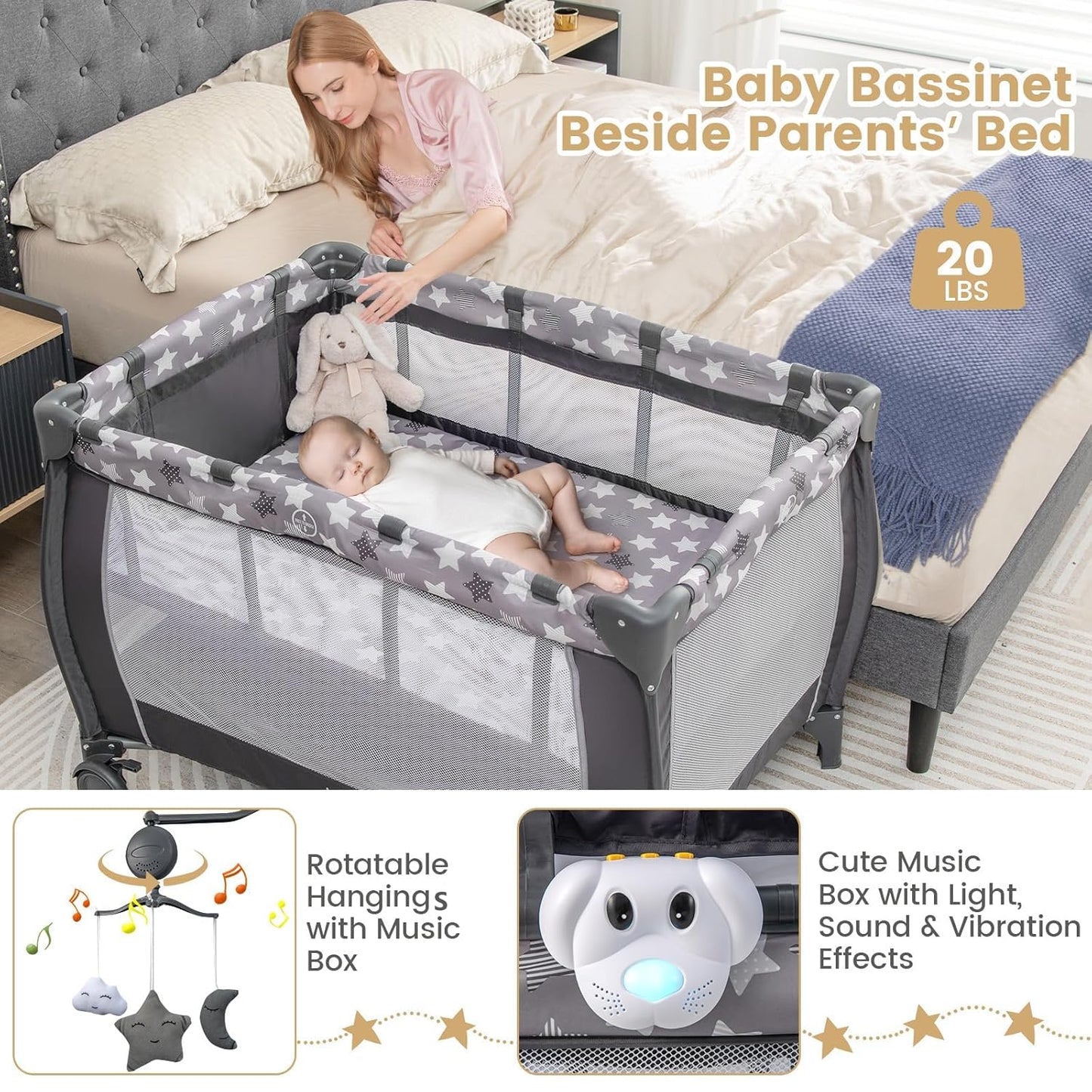 Costzon 3 in 1 Pack and Play with Bassinet, Portable Baby Playard with Changing Table, Music Box, Hangings, Wheels/Brake, Basket, Foldable Infant Bassinet Crib for Baby Toddlers Indoor Outdoor