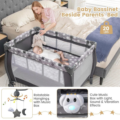 Costzon 3 in 1 Pack and Play with Bassinet, Portable Baby Playard with Changing Table, Music Box, Hangings, Wheels/Brake, Basket, Foldable Infant Bassinet Crib for Baby Toddlers Indoor Outdoor