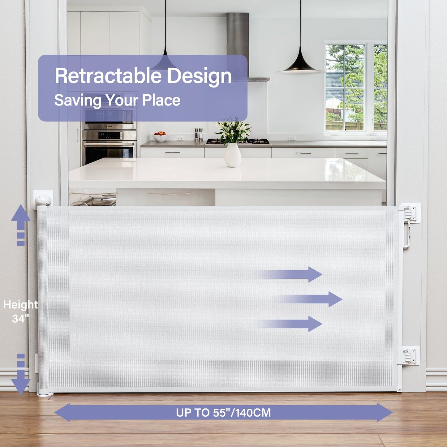 Retractable Baby Gates No Drilling, PRObebi Retractable Dog Gate for the House Extends to 54" Wide 33" Tall, Gates for Baby Indoor, Stair Gate for Outdoor, Staris, Hallways, Doorways, Deck, Porch