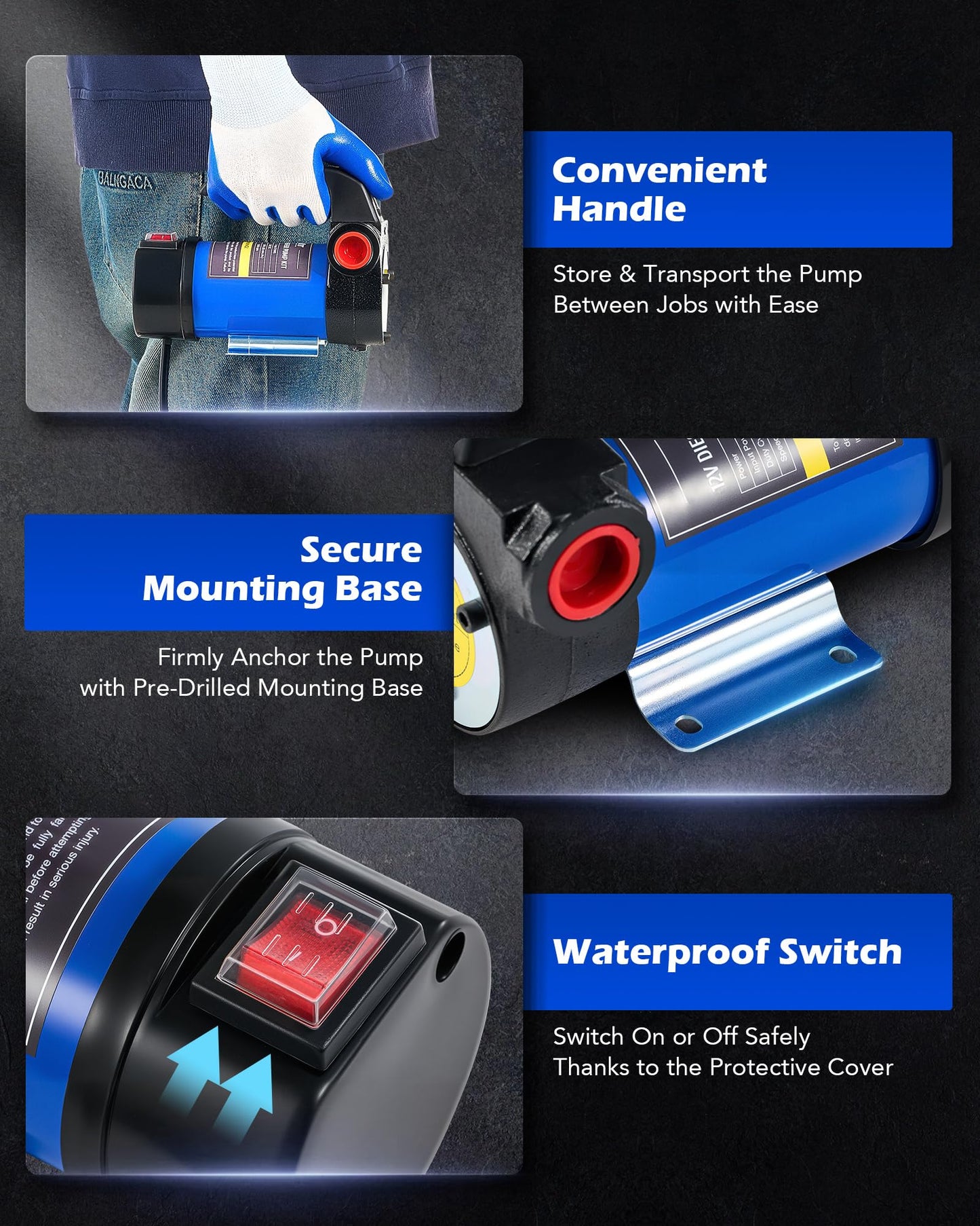 Orion Motor Tech Electric Fuel Transfer Pump with Auto-Shutoff, 3.2GPM Gas Can Pump, 51" Hose, USB-C & AA Battery (NO BATTERIES INCLUDED) Powered, 4 Adapters for Gasoline, Diesel, Kerosene, Blue