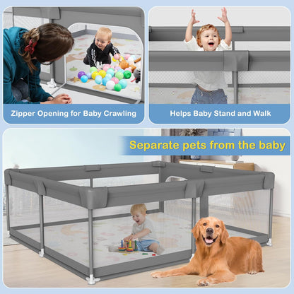 Palopalo Baby Laufgitter, 180x150cm Extra Großer Laufstall für Babys und Kleinkinder, Baby-Aktivitätszentrum mit 8 Saugnapfbasen, Baby-Laufstall mit Tür und weichem, atmungsaktivem Netz, Ohne Matte