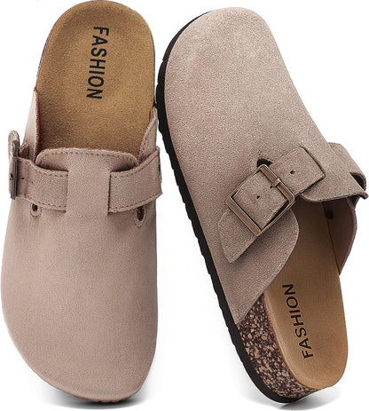 YorFotMae Women's Suede Clogs Mens Leather Mules Comfort Cork Footbed Antislip House Sandals Arch Support Potato Shoes with Adjustable Buckle