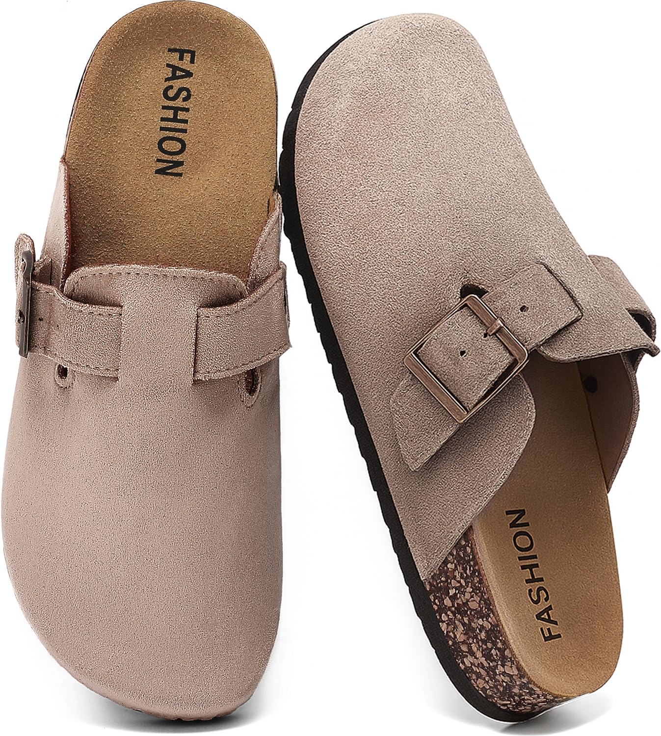 YorFotMae Women's Suede Clogs Mens Leather Mules Comfort Cork Footbed Antislip House Sandals Arch Support Potato Shoes with Adjustable Buckle