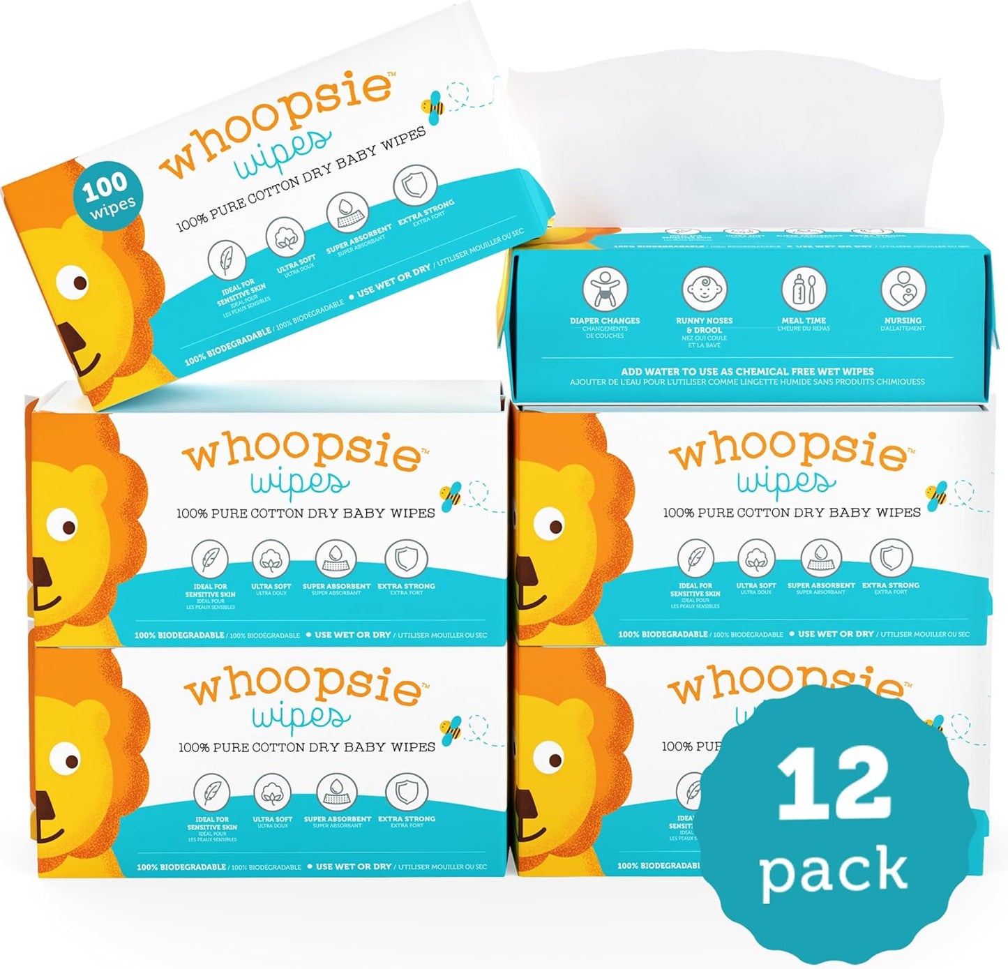 Whoopsie Wipes – Die Originalen Babytrockentücher aus 100% reiner Baumwolle – Ultraweiche, parfümfreie, chemikalienfreie Tücher für empfindliche Haut – Trocken verwenden oder Wasser hinzufügen für Feuchttücher – 6 Packungen (600 Stück)