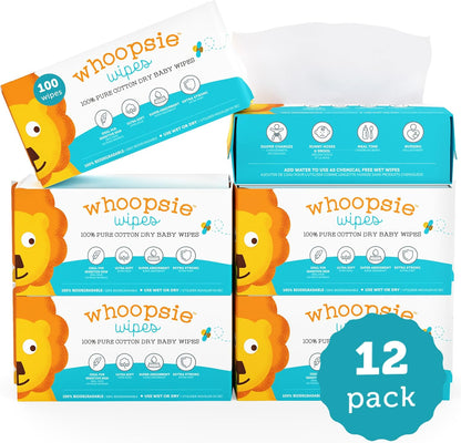 Whoopsie Wipes – Die Originalen Babytrockentücher aus 100% reiner Baumwolle – Ultraweiche, parfümfreie, chemikalienfreie Tücher für empfindliche Haut – Trocken verwenden oder Wasser hinzufügen für Feuchttücher – 6 Packungen (600 Stück)