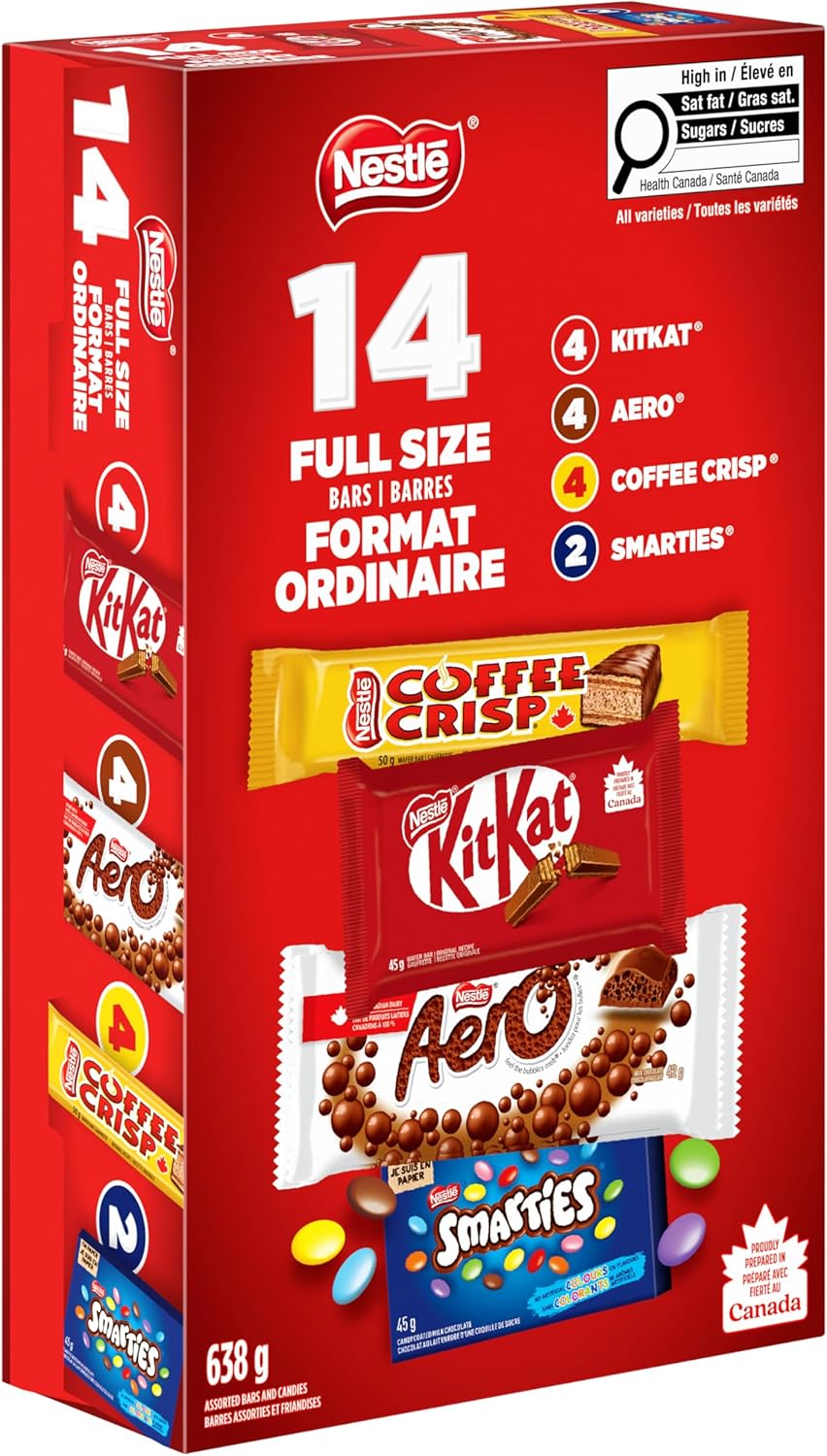 NESTLE Assorted Full Size Bars & Candies, KITKAT, AERO, COFFEE CRISP & SMARTIES, Individually Wrapped, Prepared in Canada, 638 g
