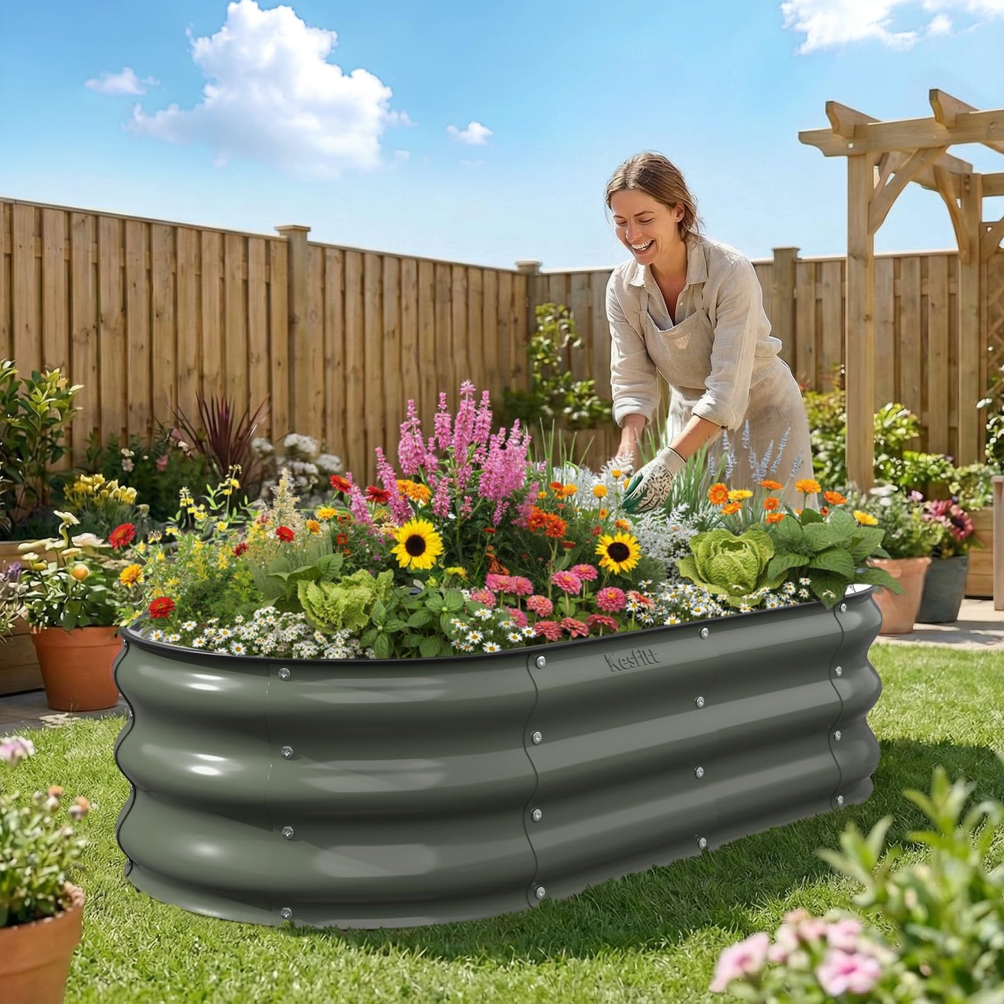 Kesfitt Raised Garden Bed, 5x2x1 FT Galvanized Steel Metal Raised Garden Bed, Oval Open-Bottom Design, 12-Inch Deep for Outdoor Vegetable & Herb Gardening, Fruit Green