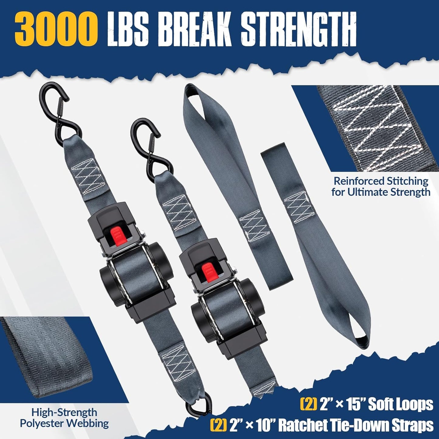 2 Pack Retractable Ratcheting Straps - 2 Inch x 10 Feet, 3,000lbs Break Strength, Heavy-Duty Ratchet Tie-Down Straps for Moving, Cargo,Truck, Motorcycle