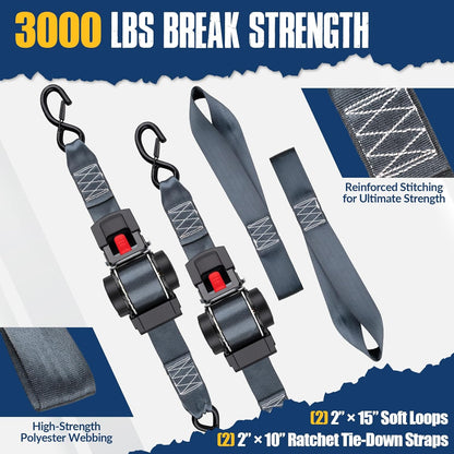 2 Pack Retractable Ratcheting Straps - 2 Inch x 10 Feet, 3,000lbs Break Strength, Heavy-Duty Ratchet Tie-Down Straps for Moving, Cargo,Truck, Motorcycle