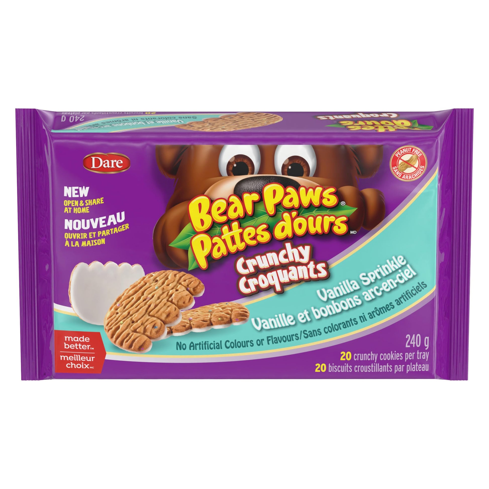 Bear Paws Crunchy Vanilla Sprinkle - Peanut Free Crunchy and Delicious Cookies to Open and Share at Home with No Artificial Colours or Flavours 240g Shareable Tray