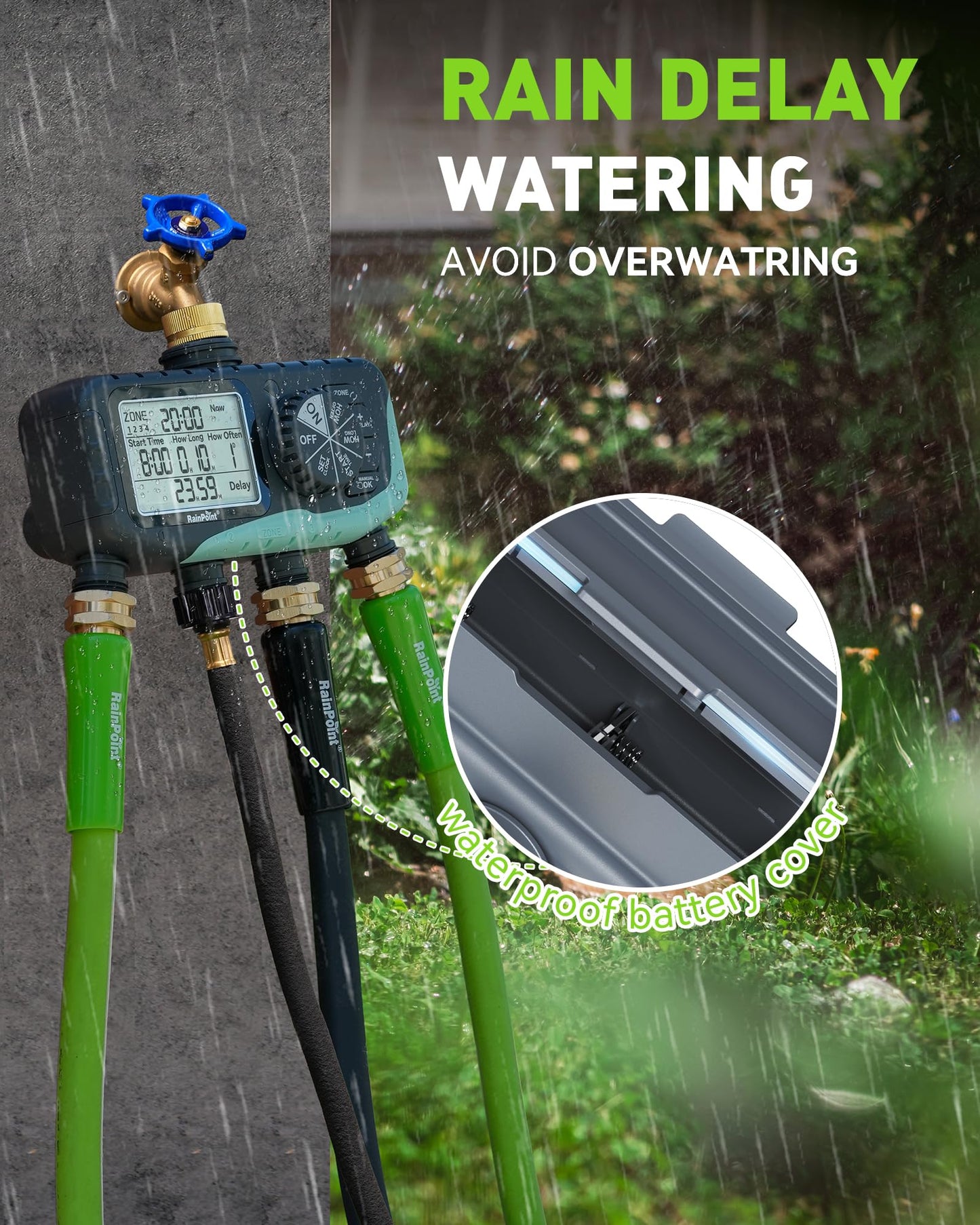 RAINPOINT 4-Zone Sprinkler Timer, 2027 New Version 4 Outlets Hose Water Timer, Automatic Irrigation Controller with Rain Delay & Manual Mode for Lawn & Garden Irrigation