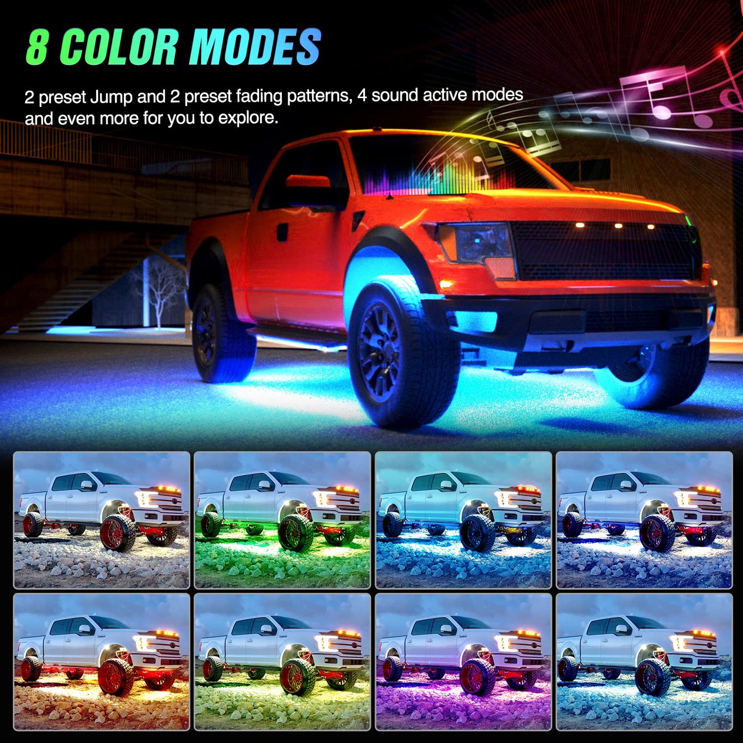 Nilight 4Pcs Car Underglow Neon Accent Strip Lights 252 LEDs RGB 8 Color Sound Active Function Music Mode with Wireless Remote Control Underbody Light Strips for Cars Van SUV Truck