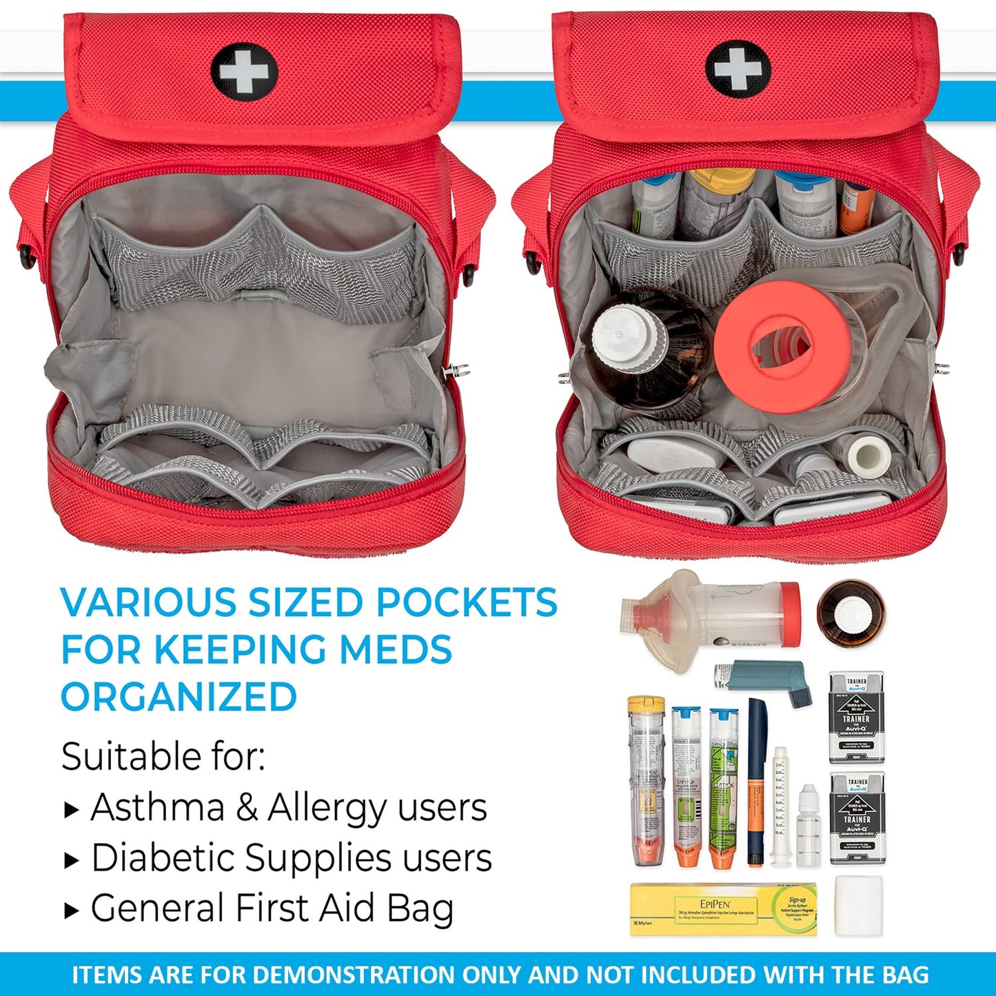 PracMedic Bags Travel Medicine Bag- First Aid Bags Empty or Epipen Carry Case for Insulin Pens, Pill Bottles, Diabetic Supply, Asthma Inhaler Spacer, Allergy Meds or First Aid Supplies (Red)