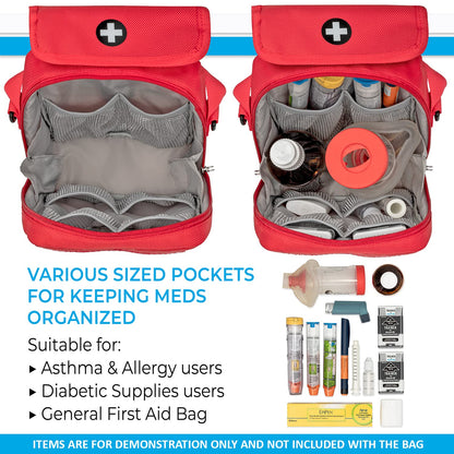 PracMedic Bags Travel Medicine Bag- First Aid Bags Empty or Epipen Carry Case for Insulin Pens, Pill Bottles, Diabetic Supply, Asthma Inhaler Spacer, Allergy Meds or First Aid Supplies (Red)