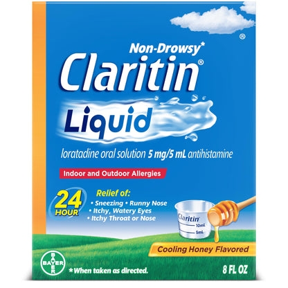 Claritin® Liquid, Allergy Medicine for Adults, 24-Hour Non-Drowsy Loratadine 5mg, Antihistamine, Cooling Honey Flavored, 8 fl. oz (Pack of 2)