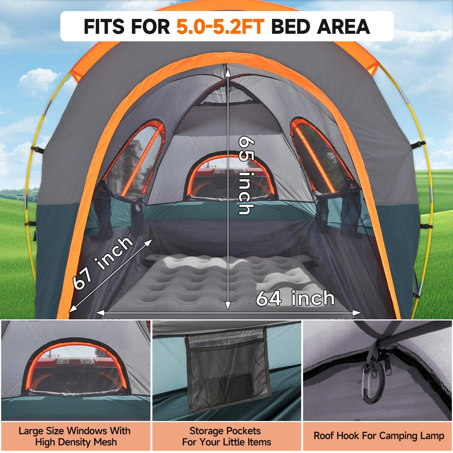 Truck Bed Tent 5.5-6ft: Easy Set Up Umburato Pickup Truck Tents for Camping, Waterproof PU3000mm Canopy for Truck Camper, Portable, Spacious for 2 Person Green