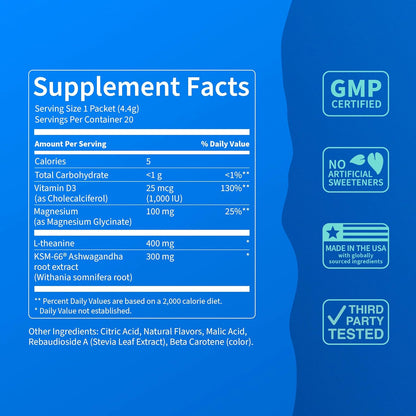 Nello Supercalm Drink Mix - Raspberry Lemonade and Tropical Tangerine Ashwagandha KSM 66, Magnesium Glycinate & L-Theanine Supplement - Focus and Relaxation Support (2 x 20 Travel Packets)