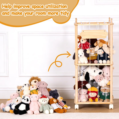 TANONE Stuffed Animal Storage - Wooden Large Organizer Holder for Playroom - Plush Zoo Animals Holder with Elastic Cords & Brake Wheel for Toddler Bedroom Toy Stuff Organization