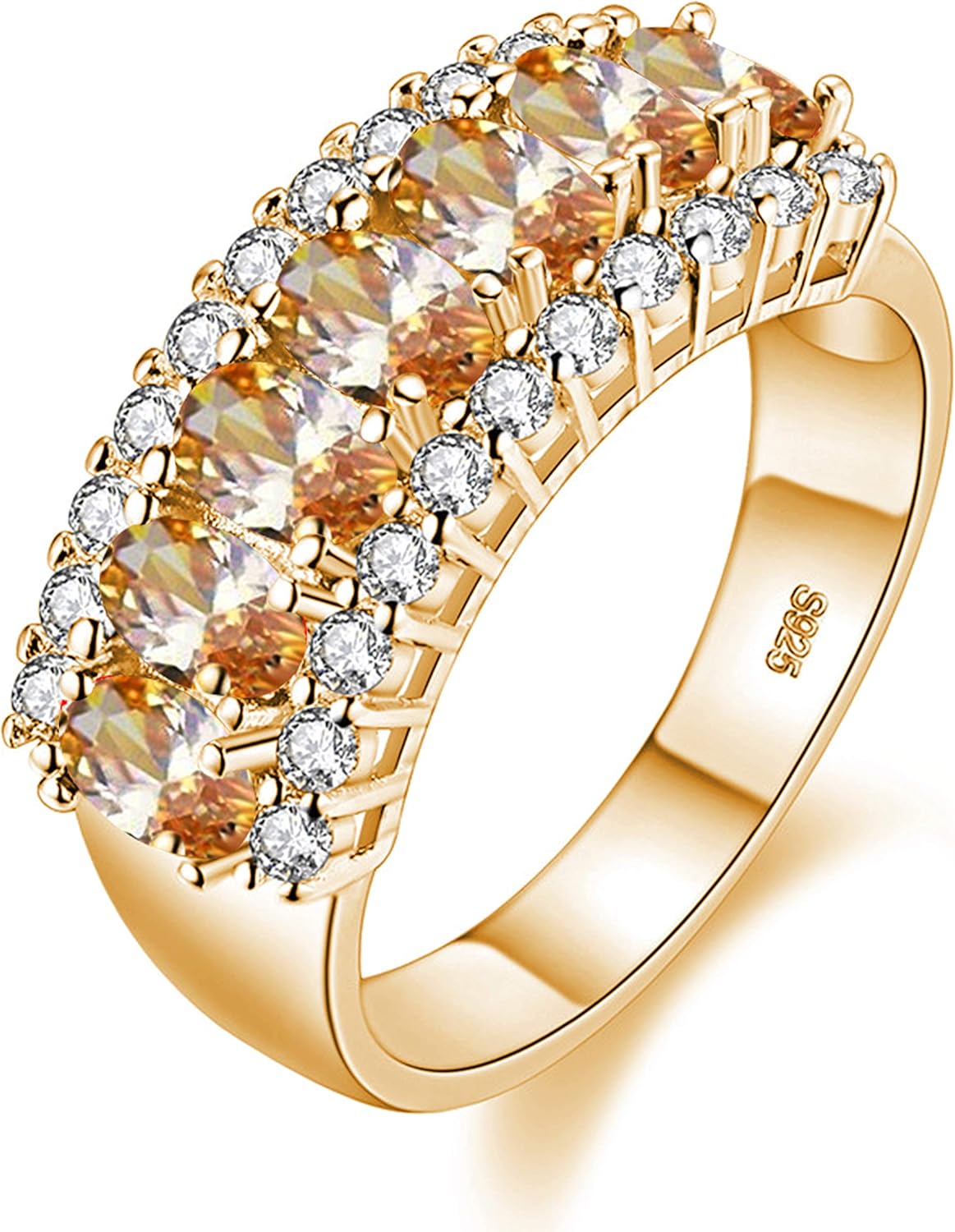 Uloveido Women's Gold Plated 7 Stones Eternity Band Ring Half Moon Design Wedding Bands with Oval CZ J501